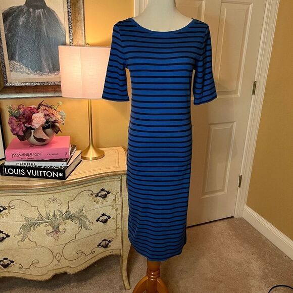 BCBG Max Azria T-Shirt Style Midi Dress Size LARGE Royal Blue w/ Navy Stripe NWT - Picture 1 of 3